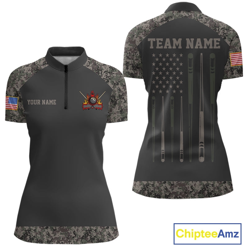 Personalized retro camo US flag patriotic 8 ball pool billiard quarter zip shirt for women, custom 8 ball pool team jersey and league apparel.