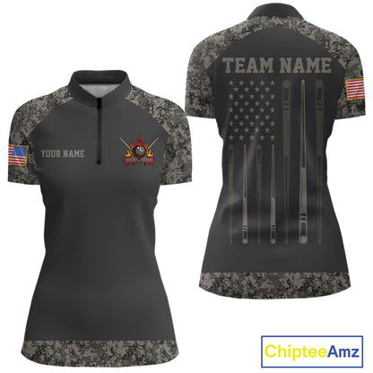 Personalized retro camo US flag patriotic 8 ball pool billiard quarter zip shirt for women, custom 8 ball pool team jersey and league apparel.