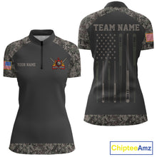 Load image into Gallery viewer, Personalized retro camo US flag patriotic 8 ball pool billiard quarter zip shirt for women, custom 8 ball pool team jersey and league apparel.