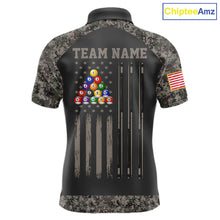 Load image into Gallery viewer, Personalized retro camo US flag patriotic 8 ball pool billiard team jersey polo shirt for men, custom pool league apparel and tournament jersey.