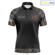 Load image into Gallery viewer, Personalized retro camo US flag patriotic 8 ball pool billiard team jersey polo shirt for men, custom pool league apparel and tournament jersey.