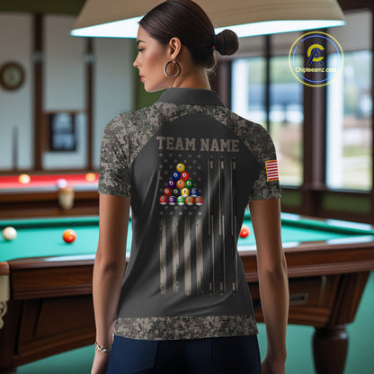 Woman wearing personalized retro camo US flag patriotic 8 ball pool billiard polo shirt back view.