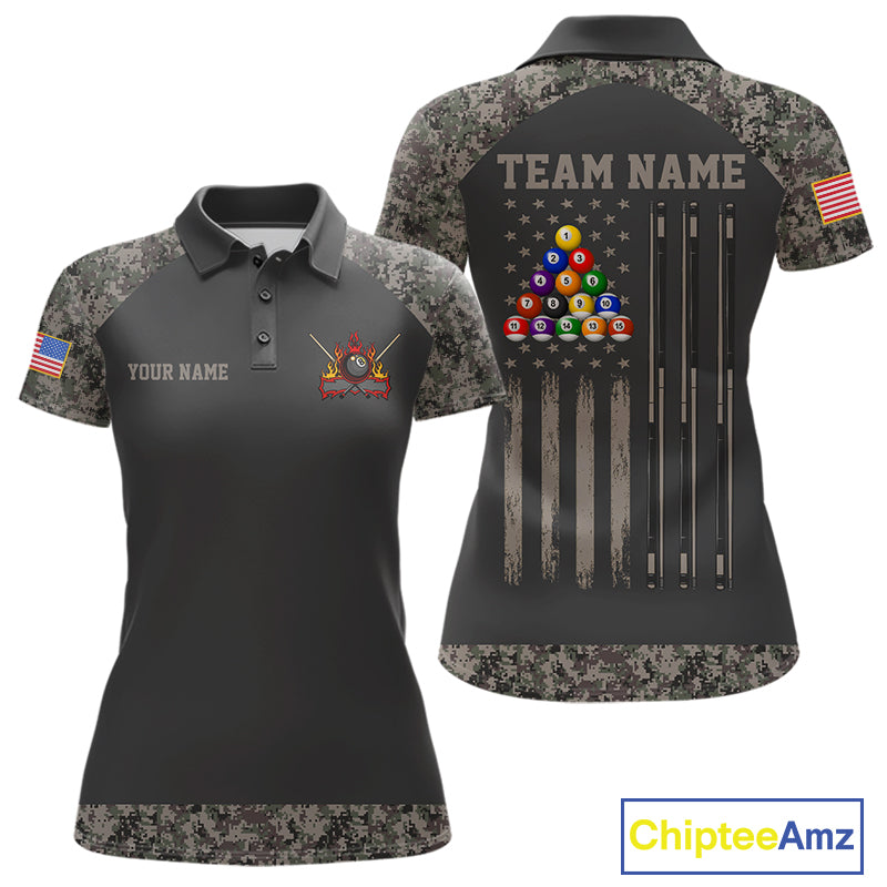 Personalized retro camo US flag patriotic 8 ball pool billiard team jersey polo shirt for women, custom pool league apparel and tournament jersey.