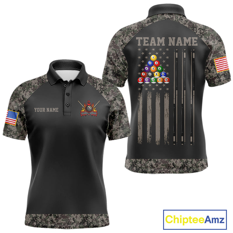 Personalized retro camo US flag patriotic 8 ball pool billiard team jersey polo shirt for men, custom pool league apparel and tournament jersey.