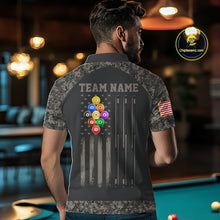 Load image into Gallery viewer, Man wearing personalized retro camo US flag patriotic 9 ball pool billiard polo shirt back view.