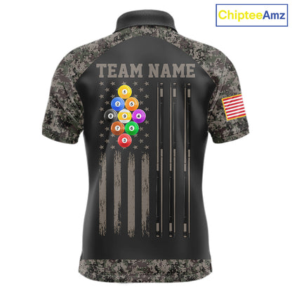 Personalized retro camo US flag patriotic 9 ball pool billiard team jersey polo shirt for men, custom pool league apparel and tournament jersey.