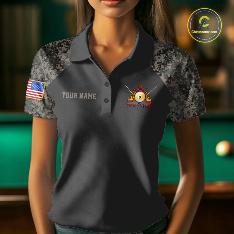 Woman wearing personalized retro camo US flag patriotic 9 ball pool billiard polo shirt front view.