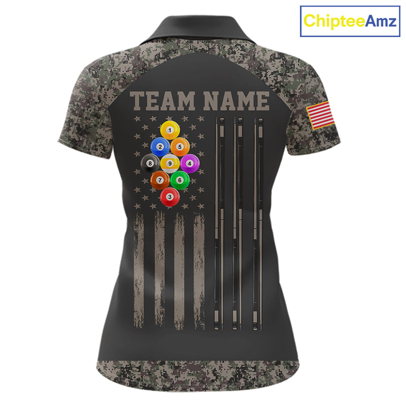 Personalized retro camo US flag patriotic 9 ball pool billiard team jersey polo shirt for women, custom pool league apparel and tournament jersey.