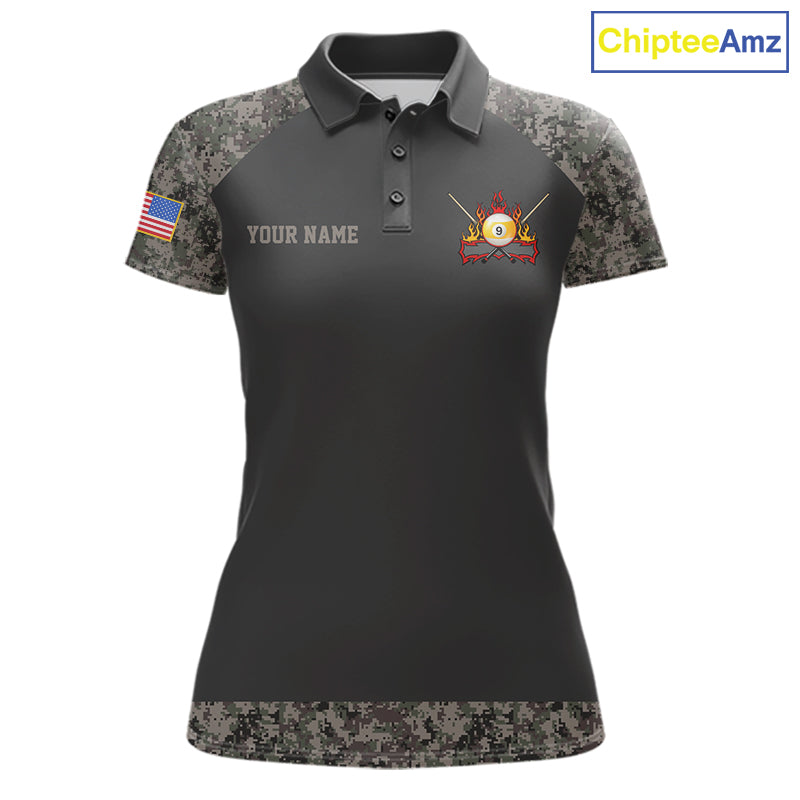 Personalized retro camo US flag patriotic 9 ball pool billiard team jersey polo shirt for women, custom pool league apparel and tournament jersey.