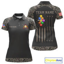Load image into Gallery viewer, Personalized retro camo US flag patriotic 9 ball pool billiard team jersey polo shirt for women, custom pool league apparel and tournament jersey.