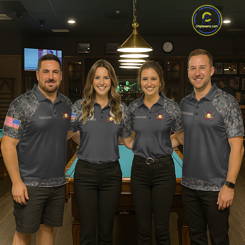 Billiard team wearing matching retro camo US flag patriotic 9 ball pool jerseys front view.