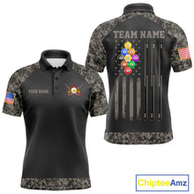 Load image into Gallery viewer, Personalized retro camo US flag patriotic 9 ball pool billiard team jersey polo shirt for men, custom pool league apparel and tournament jersey.