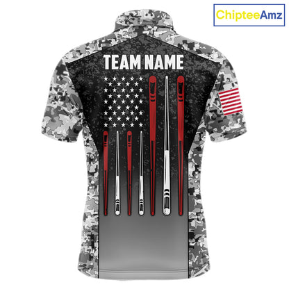 Black and white camo US flag 8 ball pool billiard team jersey polo shirt for men, custom patriotic pool league apparel and tournament jersey.