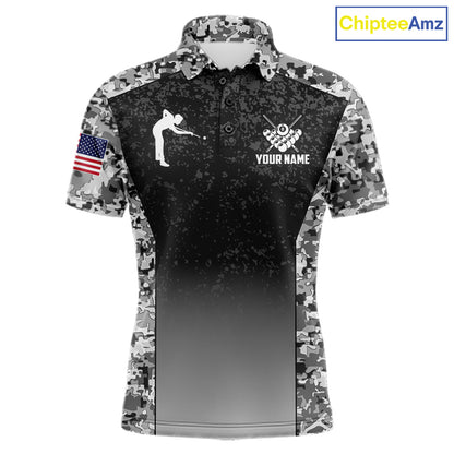 Black and white camo US flag 8 ball pool billiard team jersey polo shirt for men, custom patriotic pool league apparel and tournament jersey.