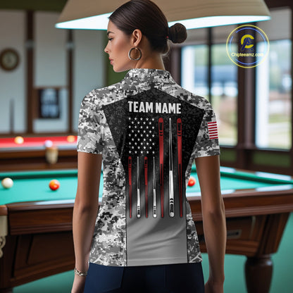 Woman wearing black and white camo US flag 8 ball pool billiard polo shirt back view.