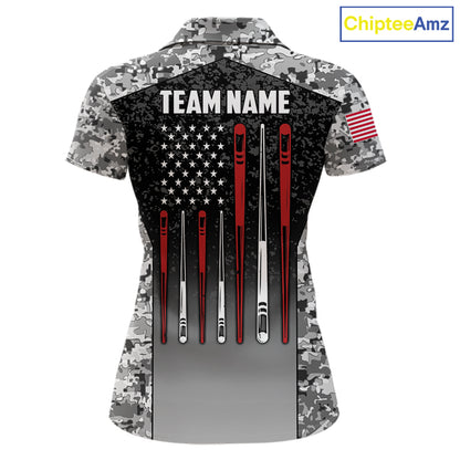 Black and white camo US flag 8 ball pool billiard team jersey polo shirt for women, custom patriotic pool league apparel and tournament jersey.