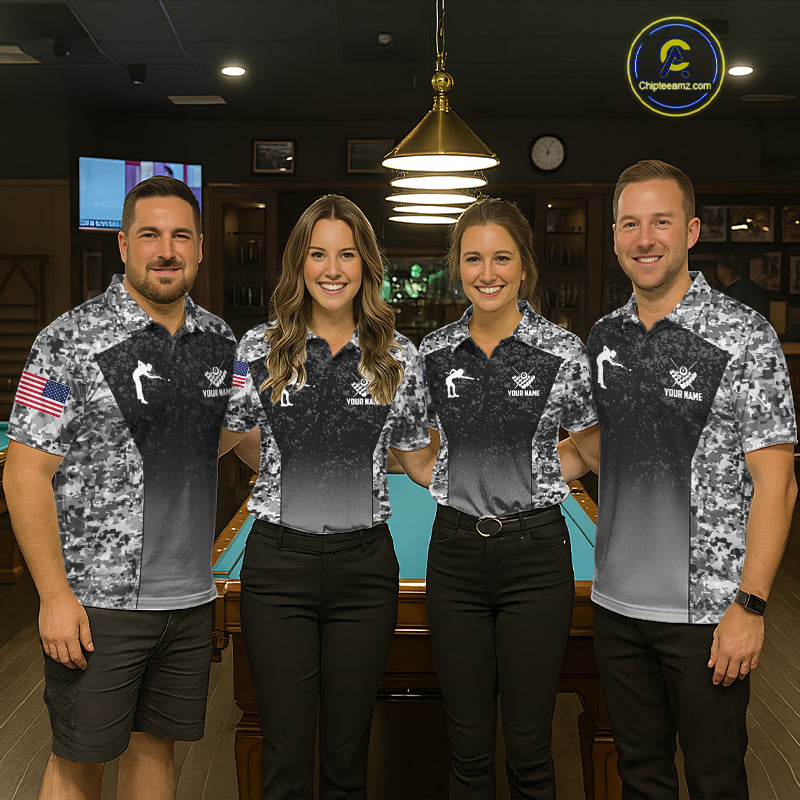 Billiard team wearing matching black and white camo US flag 8 ball pool jerseys front view.