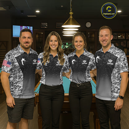 Billiard team wearing matching black and white camo US flag 8 ball pool jerseys front view.