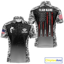 Load image into Gallery viewer, Black and white camo US flag 8 ball pool billiard team jersey polo shirt for men, custom patriotic pool league apparel and tournament jersey.
