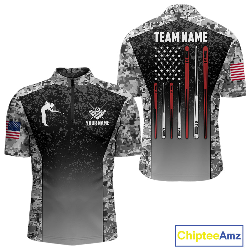 Black and white camo US flag 8 ball pool billiard quarter zip shirt for men, custom patriotic billiard team jersey.