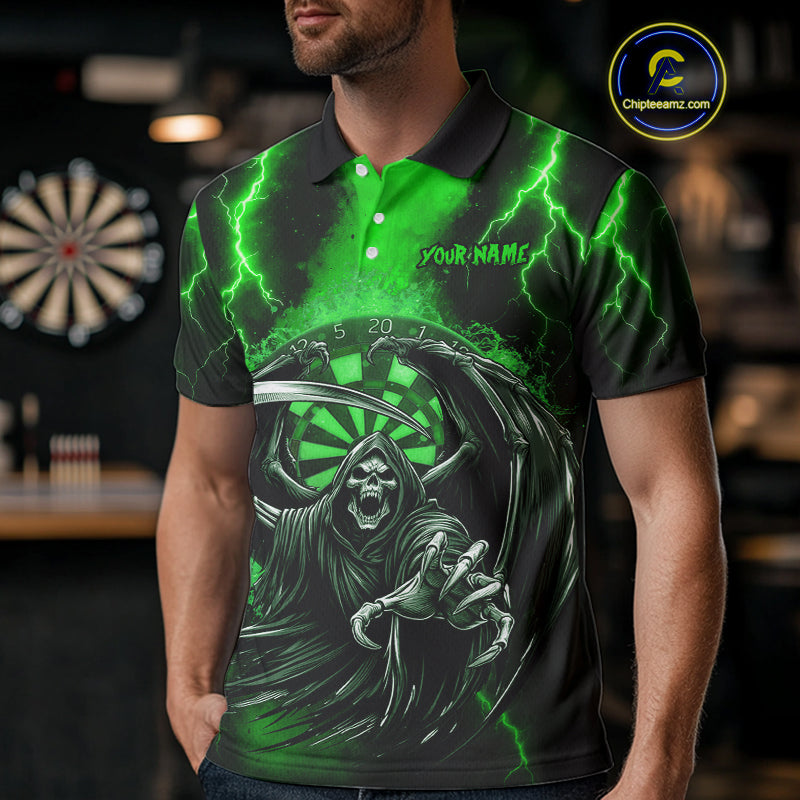Personalized Green Grim Reaper Thunder Lightning Darts Shirt For Men, 3D Darts Team Jerseys TDM4531