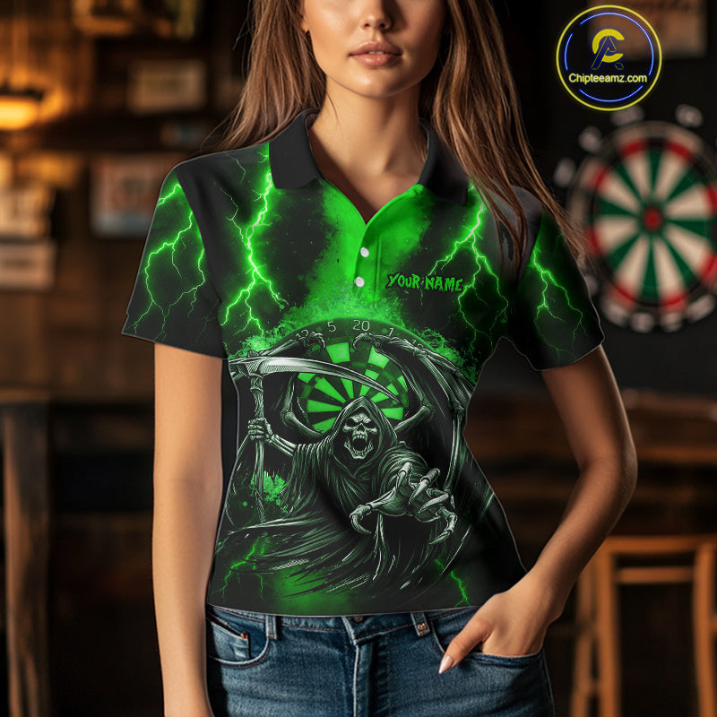 Personalized Green Grim Reaper Thunder Lightning Darts Shirt For Women, 3D Darts Team Jerseys TDM4531