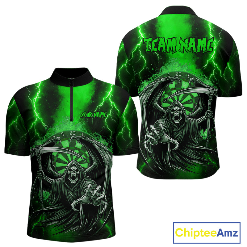 Personalized Green Grim Reaper Thunder Lightning Darts Shirt For Men, 3D Darts Team Jerseys TDM4531