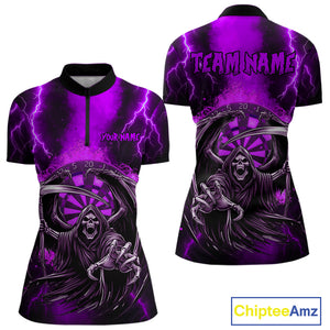Personalized Purple Grim Reaper Thunder Lightning Darts Shirt For Women, 3D Darts Team Jerseys TDM4533
