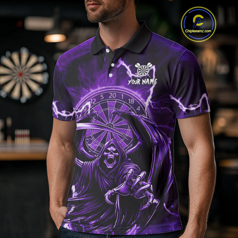 Purple Grim Reaper Lightning 3D Darts Shirt For Men Custom Darts Jersey Team Polo &  1/4 Zip TDM4952