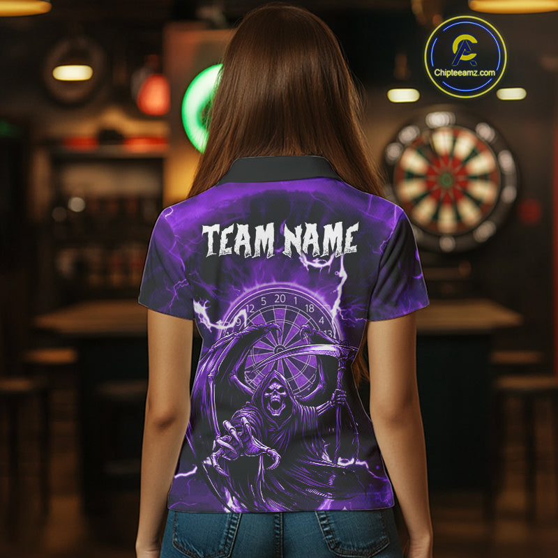 Purple Grim Reaper Lightning 3D Darts Shirt For Women Custom Darts Jersey Team Polo &  1/4 Zip TDM4952