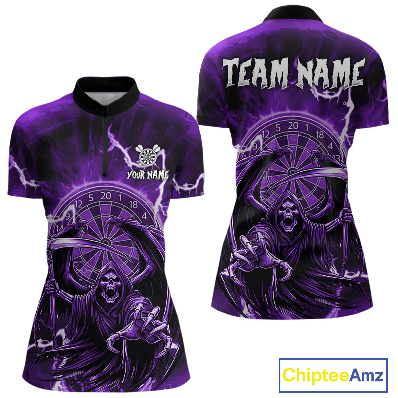 Purple Grim Reaper Lightning 3D Darts Shirt For Women Custom Darts Jersey Team Polo &  1/4 Zip TDM4952