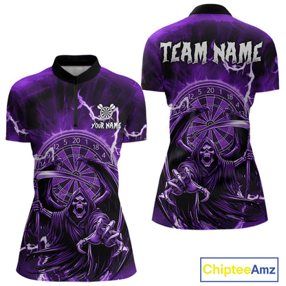 Purple Grim Reaper Lightning 3D Darts Shirt For Women Custom Darts Jersey Team Polo &  1/4 Zip TDM4952