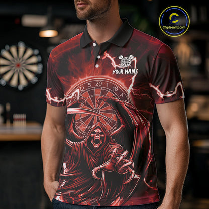 Red Grim Reaper Lightning 3D Darts Shirt For Men Custom Darts Jersey Team Polo &  1/4 Zip TDM4953