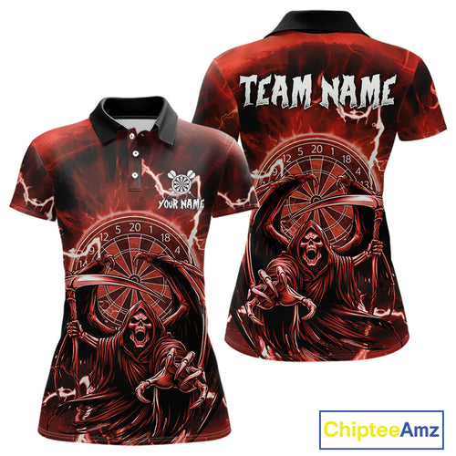 Red Grim Reaper Lightning 3D Darts Shirt For Women Custom Darts Jersey Team Polo &  1/4 Zip TDM4953