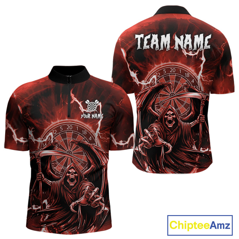 Red Grim Reaper Lightning 3D Darts Shirt For Men Custom Darts Jersey Team Polo &  1/4 Zip TDM4953
