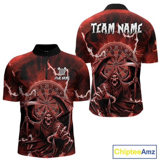 Red Grim Reaper Lightning 3D Darts Shirt For Men Custom Darts Jersey Team Polo &  1/4 Zip TDM4953