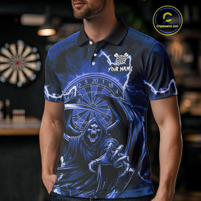 Blue Grim Reaper Lightning 3D Darts Shirt For Men Custom Darts Jersey Team Polo &  1/4 Zip TDM4954