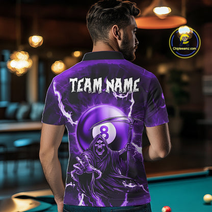 Purple Grim Reaper 8 Ball Billiard Shirt For Men Custom Lightning Pool Team Jersey Polo & 1/4 Zip TDM4955