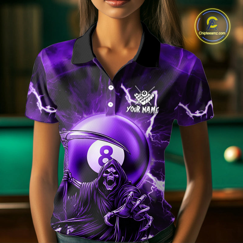 Purple Grim Reaper 8 Ball Billiard Shirt For Women Custom Lightning Pool Team Jersey Polo & 1/4 Zip TDM4955