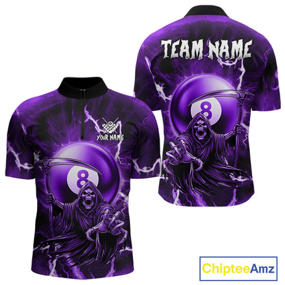 Purple Grim Reaper 8 Ball Billiard Shirt For Men Custom Lightning Pool Team Jersey Polo & 1/4 Zip TDM4955