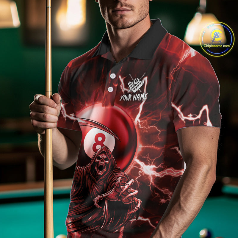 Red Grim Reaper 8 Ball Billiard Shirt For Men Custom Lightning Pool Team Jersey Polo & 1/4 Zip TDM4956
