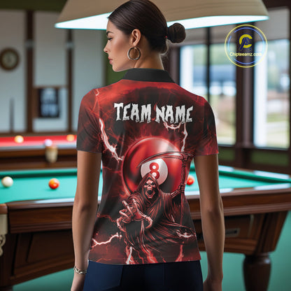 Red Grim Reaper 8 Ball Billiard Shirt For Women Custom Lightning Pool Team Jersey Polo & 1/4 Zip TDM4956