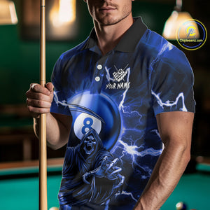 Blue Grim Reaper 8 Ball Billiard Shirt For Men Custom Lightning Pool Team Jersey Polo & 1/4 Zip TDM4957