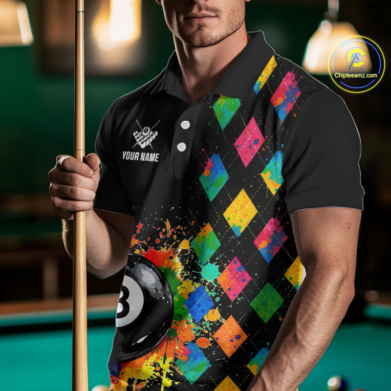 Funny 8 Ball Pool Paint Colorful Argyle Custom Billiard Shirt For Men, Best Pool Team Jersey TDM4961