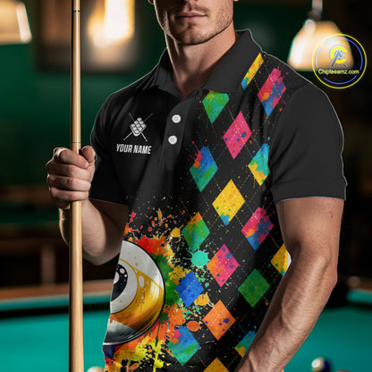 Funny 9 Ball Pool Paint Colorful Argyle Custom Billiard Shirt For Men, Best Pool Team Jersey TDM4962