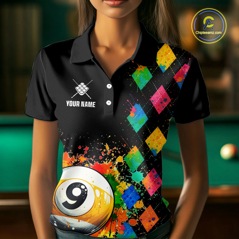 Funny 9 Ball Pool Paint Colorful Argyle Custom Billiard Shirt For Women, Best Pool Team Jersey TDM4962
