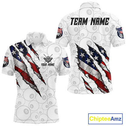 Personalized White Grunge American Flag Billiard Shirt For Men, Patriotic 8 Ball Pool Team Jersey TDM7793