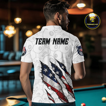 Personalized White Grunge American Flag Billiard Shirt For Men, Patriotic 8 Ball Pool Team Jersey TDM7793
