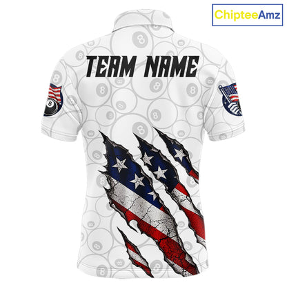 Personalized White Grunge American Flag Billiard Shirt For Men, Patriotic 8 Ball Pool Team Jersey TDM7793