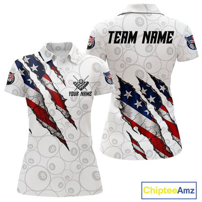 Personalized White Grunge American Flag Billiard Shirt For Women, Patriotic 8 Ball Pool Team Jersey TDM7793